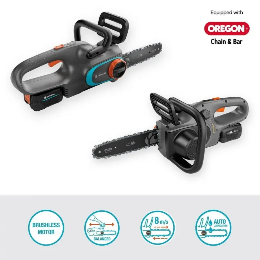 Gardena Akku-Kettensäge PowerSaw 250, 18V, leistungsstark und kabellos, ideal für präzise Schnitte im Garten, inklusive Batterien und Ladegerät.
