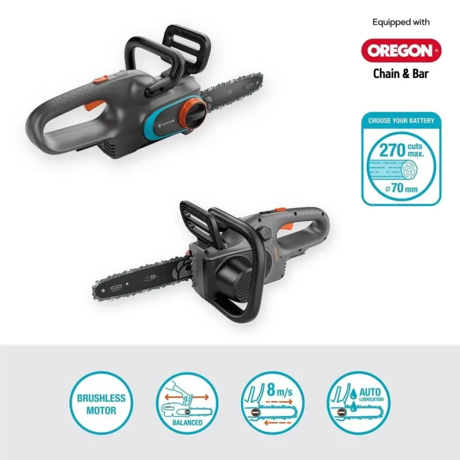 Gardena Akku-Kettensäge PowerSaw 250, 18V, kabellos und leistungsstark, ideal für präzises Schneiden von Ästen und Holz im Garten.
