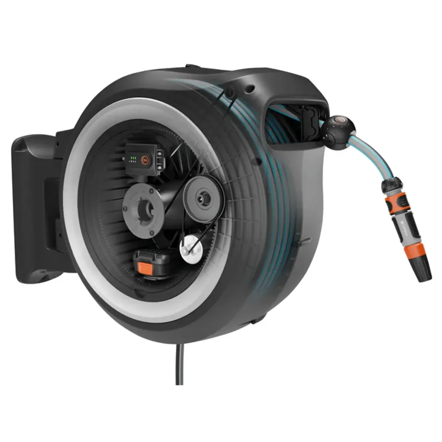 Gardena Akku-Wand-Schlauchbox PowerRoll XXL, 2in1 Funktion für einfaches Bewässern, ideal für große Gärten, platzsparend und wetterfest.