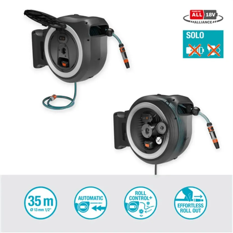 Gardena Akku-Wand-Schlauchbox PowerRoll XXL, ideal für platzsparendes Gießen, 25 m Schlauch, wetterfest und robust.