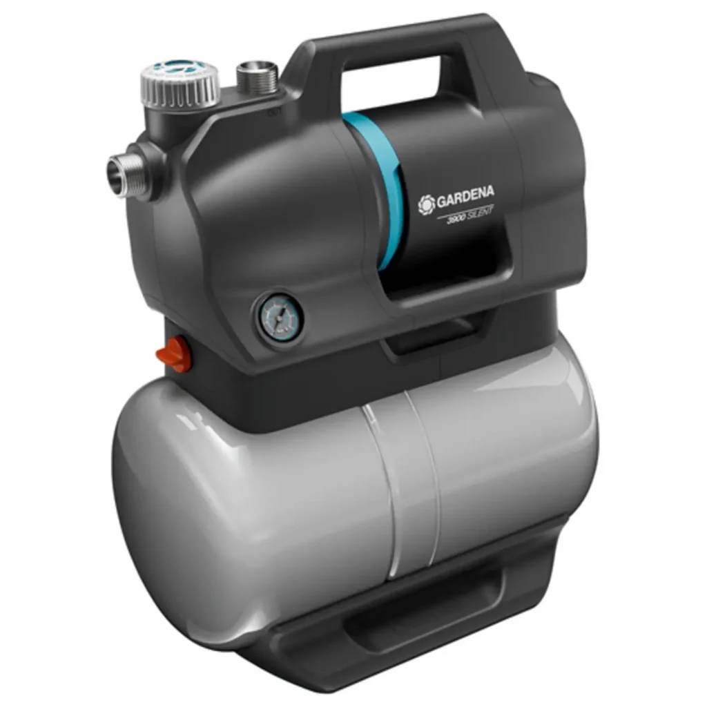 Gardena Hauswasserwerk 3900 Silent mit leiser Pumpe, ideal für extensives Gießen und Wasserversorgung, kompakt und effizient.