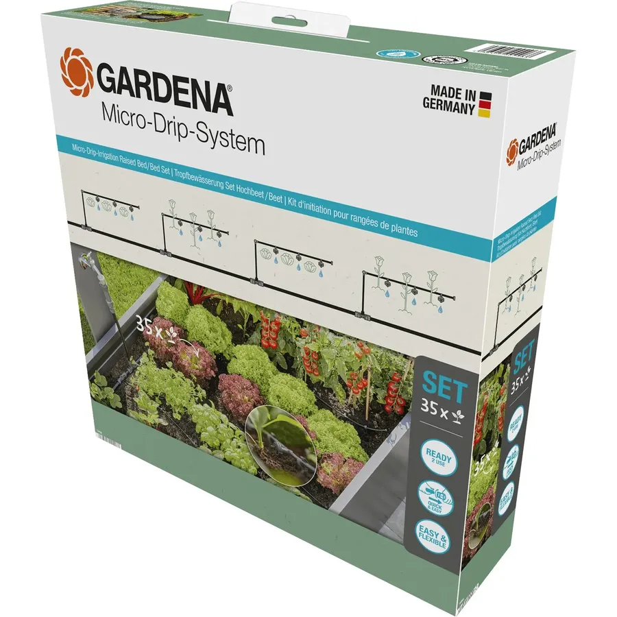 Gardena Micro-Drip-System für effiziente Tropfbewässerung, ideal für Hochbeete mit bis zu 35 Pflanzen, einfach installierbar und wassersparend.