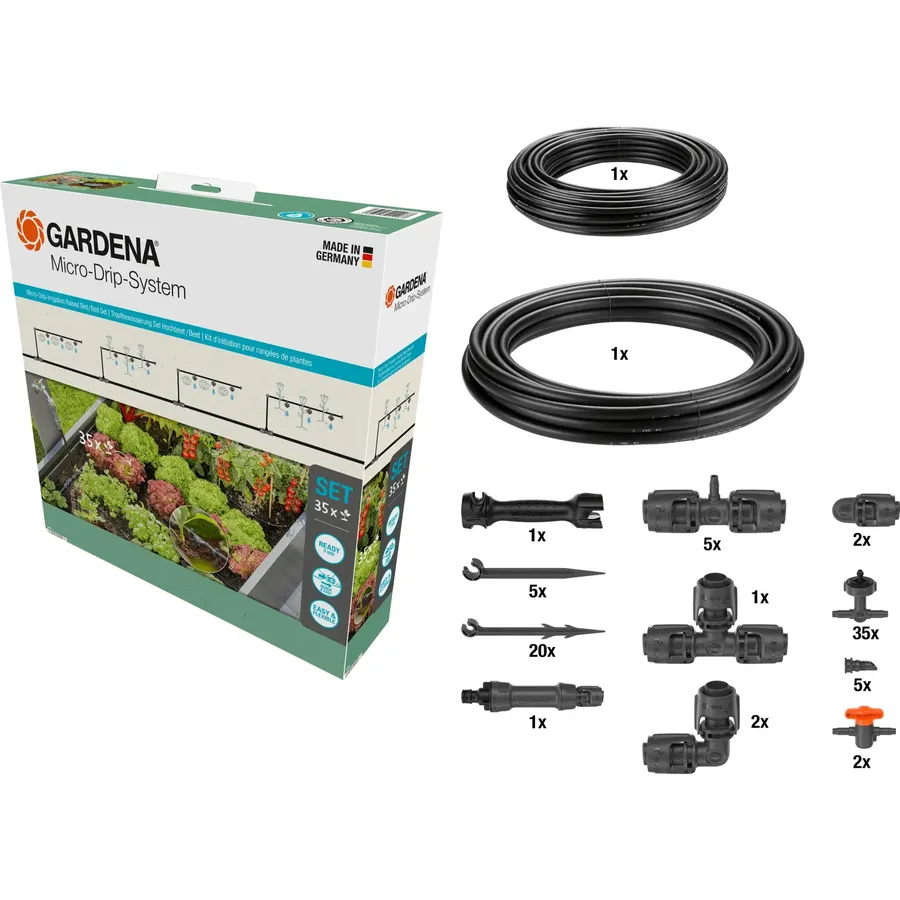Gardena Micro-Drip-System für effektive Tropfbewässerung, ideal für Hochbeete mit bis zu 35 Pflanzen, energiesparend und anwenderfreundlich.