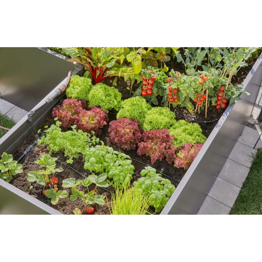 Gardena Micro-Drip-System für effiziente Tropfbewässerung von 35 Pflanzen im Hochbeet, modular erweiterbar und ideal für gleichmäßige Wasserversorgung.