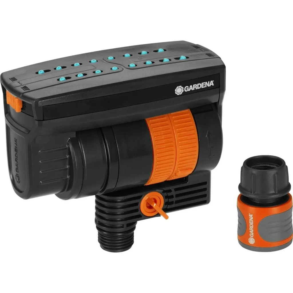 Gardena Sprinklersystem Pipeline Viereckregner, effizient und individuell einstellbar, ideal für gleichmäßige Bewässerung von Gartenflächen.