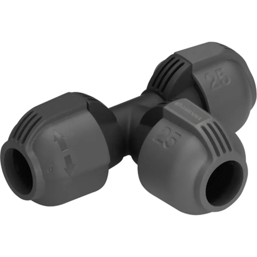Gardena T-Stück 25mm, robust und langlebig, ideal für sichere Verbindung von Gartenschläuchen, leicht montierbar.