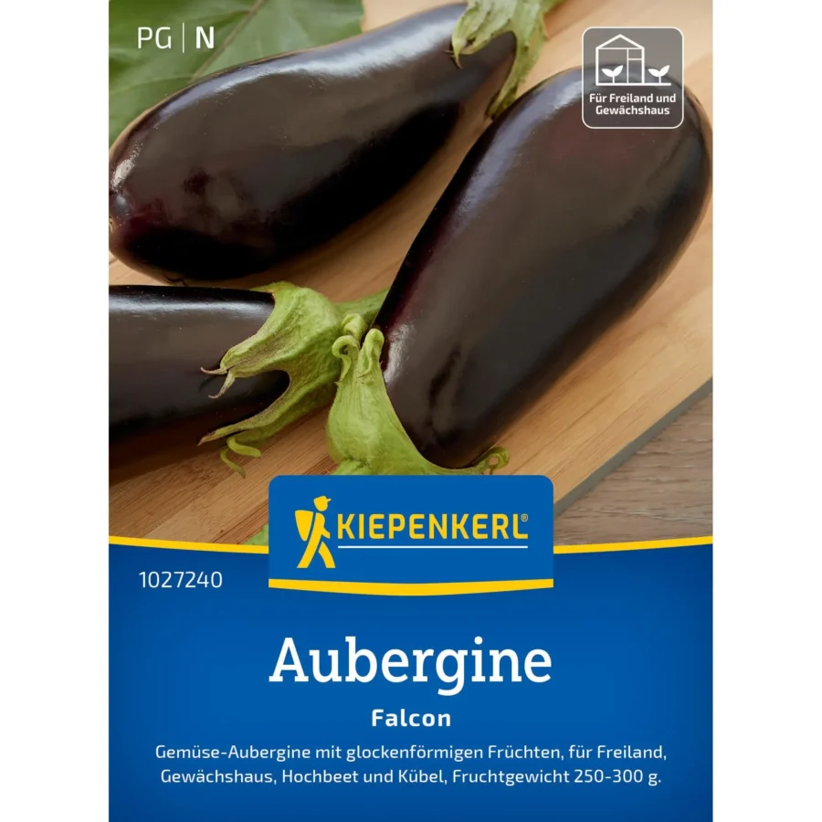 Kiepenkerl Aubergine Falcon F1, ertragreiche Sorten für fruchtige Ernte, robust und widerstandsfähig, ideal für heimische Gärten.