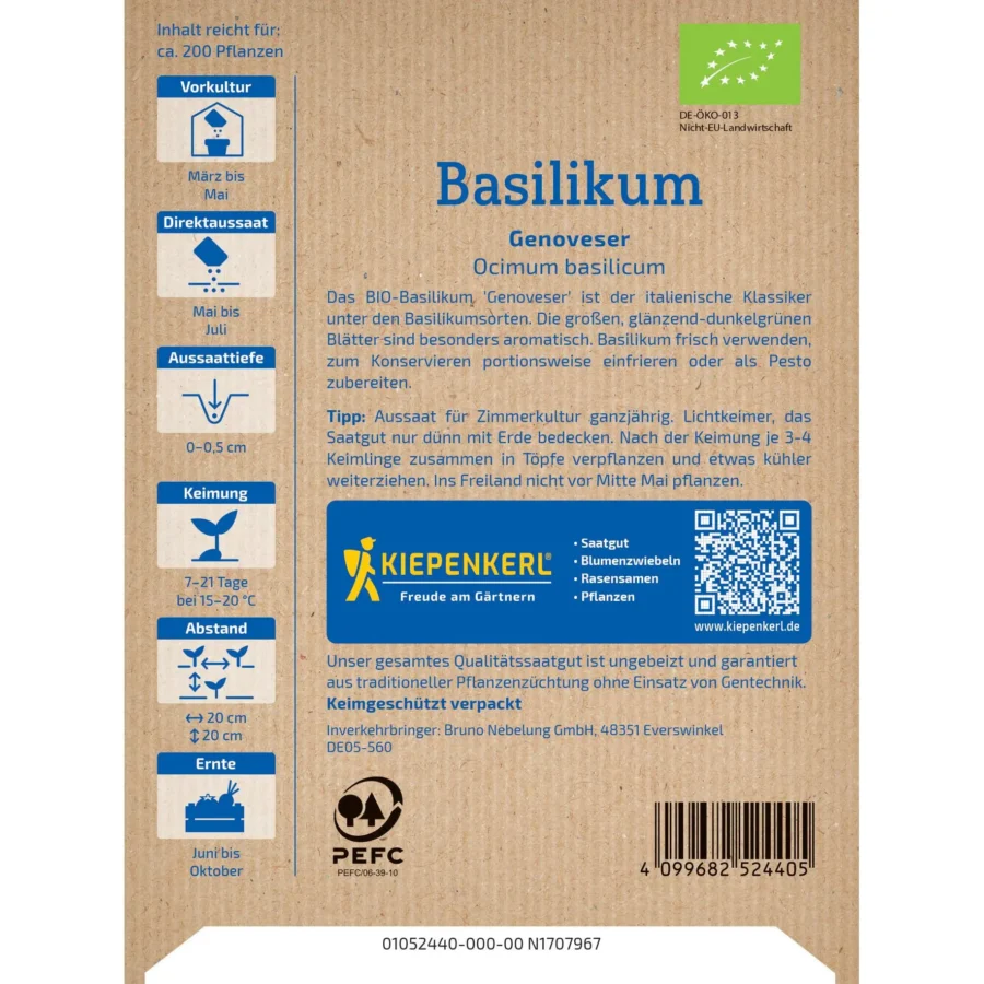 Kiepenkerl-BIO-Basilikum-Genoveser, aromatische Kräuterpflanze, ideal für frische Pesto-Zubereitung, 100% BIO-Qualität.
