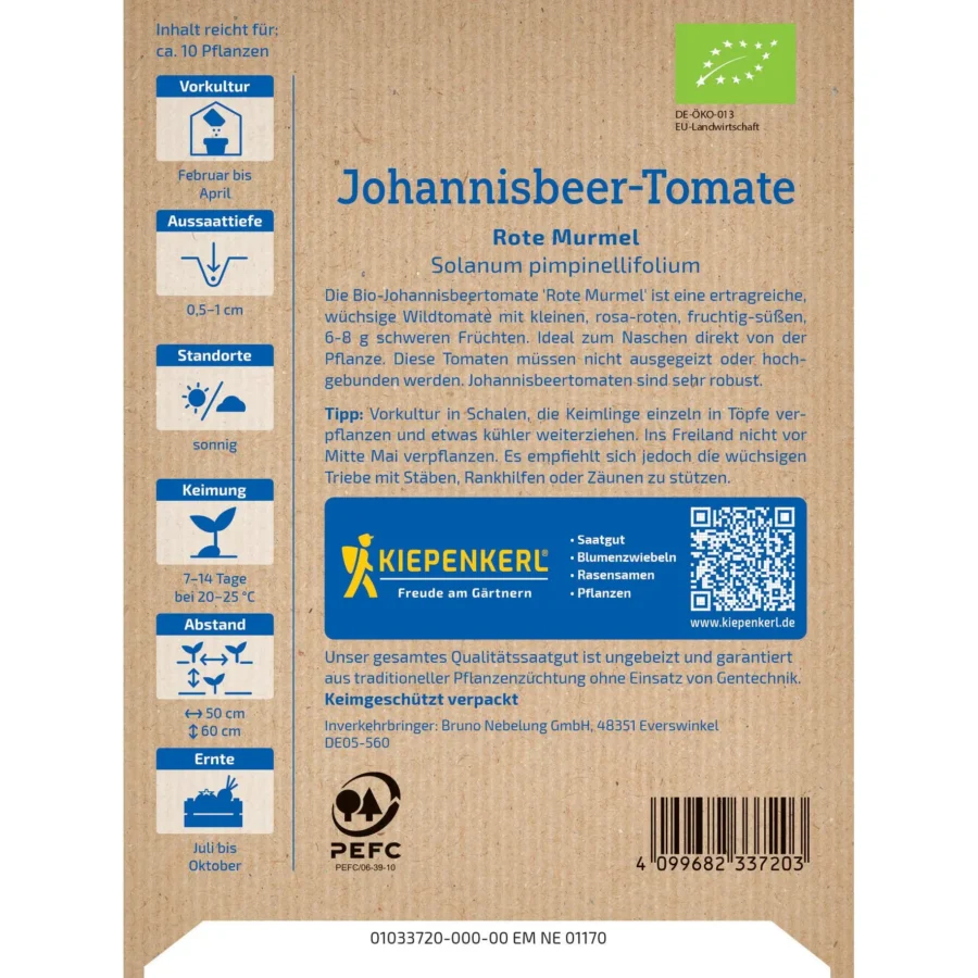 Kiepenkerl BIO Johannisbeer-Tomate Rote Murmel, ertragreiche Miniaturtomate, ideal für Balkon und Garten, süß-säuerlicher Geschmack.
