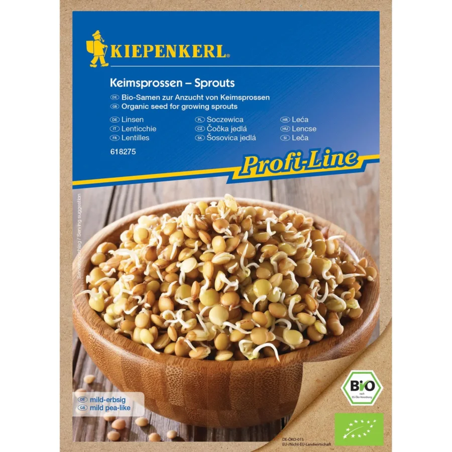 Kiepenkerl BIO Keimsprossen-Saat Linsen-Mix, fördert gesundes Wachstum von nährstoffreichen Keimsprossen, ideal für Salate und Smoothies.