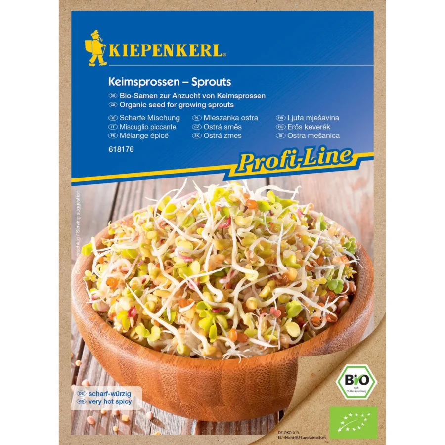 Kiepenkerl BIO Keimsprossen Saat Scharfe Mischung, 80g, ideal für gesunde, würzige Sprossen im eigenen Garten.