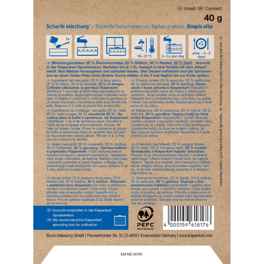 Scharfe Mischung Kiepenkerl-BIO-Keimsprossen-Saat für pikante, gesunde Sprösslinge, ideal für frische Salate und Suppen.