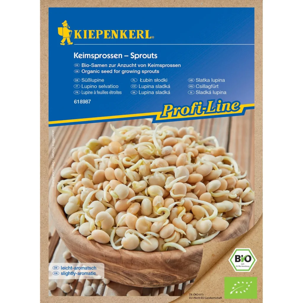 Kiepenkerl BIO Keimsprossen Süßlupine, nährstoffreich und vitalisierend, ideal für gesunde Ernährung und einfache Anzucht zu Hause.