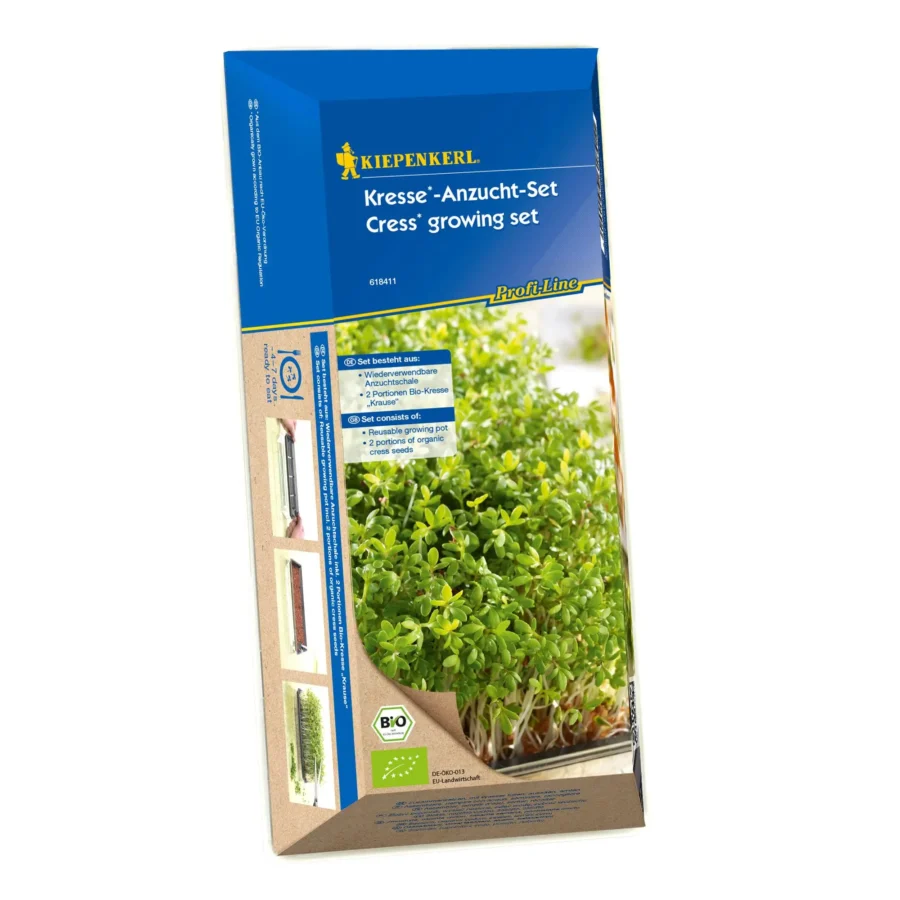Kiepenkerl BIO Kressesamen-Anzuchtset, ideal für frische Kräuter zuhause, enthält alles für eine einfache Anzucht.