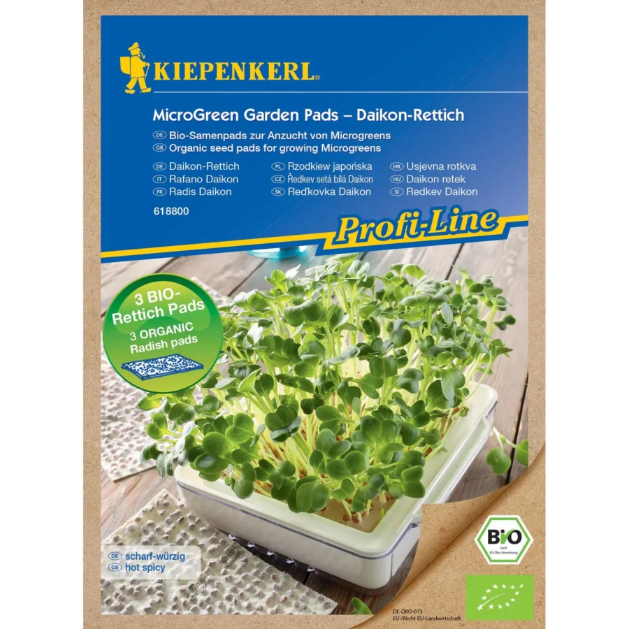 Kiepenkerl Bio Microgreen Pads mit Daikon-Rettichsamen, ideal für nährstoffreiche Mikrogrün-Ernte, einfach nachfüllbar und nachhaltig.