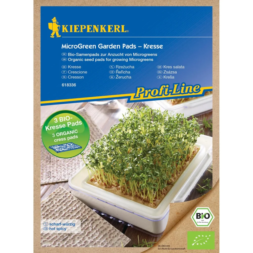 Kiepenkerl BIO-Microgreen Pads mit Kressesamen, ideal für nährstoffreiche, frische Microgreens zu Hause, leicht anzuwenden und im praktischen Nachfüllpack.