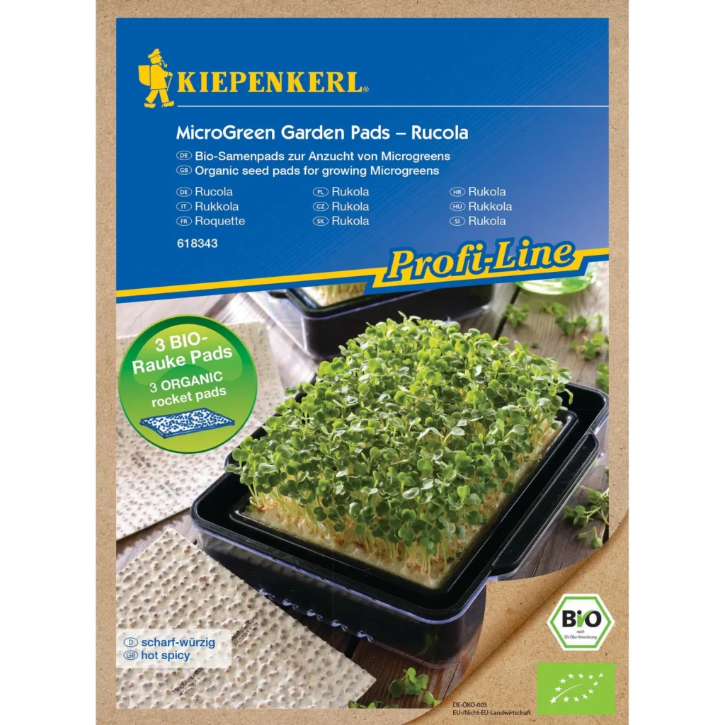 Kiepenkerl BIO Microgreen Pads mit Rucolasamen, nachfüllbar, ideal für frische Mikrogemüse-Zucht auf kleinem Raum.