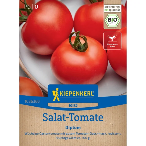 Kiepenkerl-BIO-Salat-Tomate-Diplom-F1, robuste und schmackhafte F1-Sorte, ideal für nährstoffreiche Balkon- und Gartenbeete.