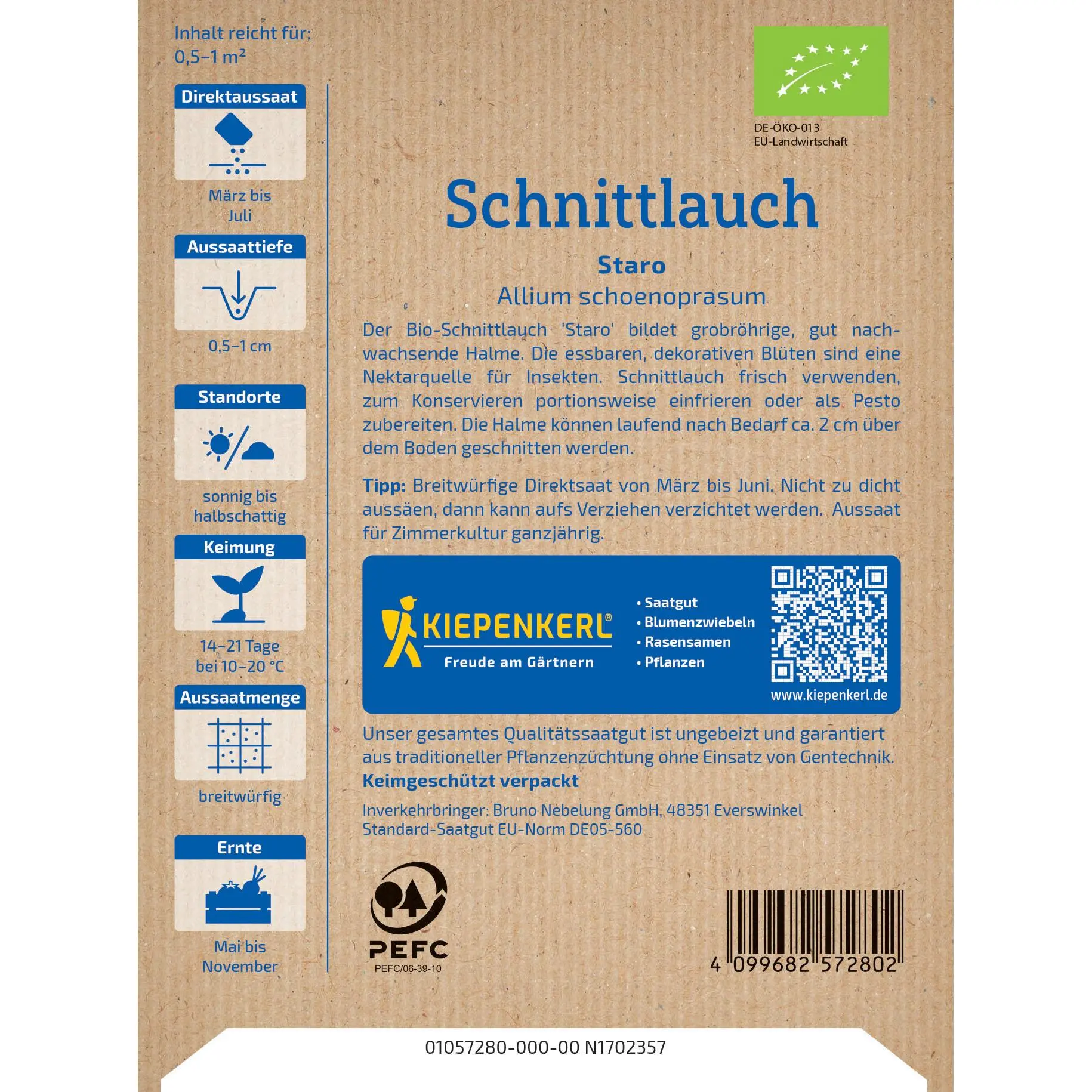 Schnittlauchsamen Staro 2 Kiepenkerl-BIO-Schnittlauch Staro, aromatisch und frisch, ideal für Kräutergärten, 100 % biologisch angebaut.