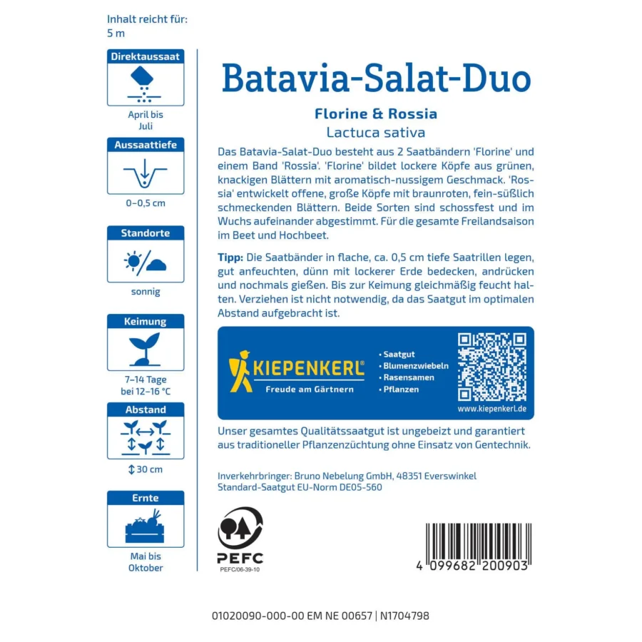Kiepenkerl Batavia-Salat-Duo Saatband für einfaches Pflanzen, enthält die Sorten Florine und Rossia, ideal für frisches Gemüse im eigenen Garten.