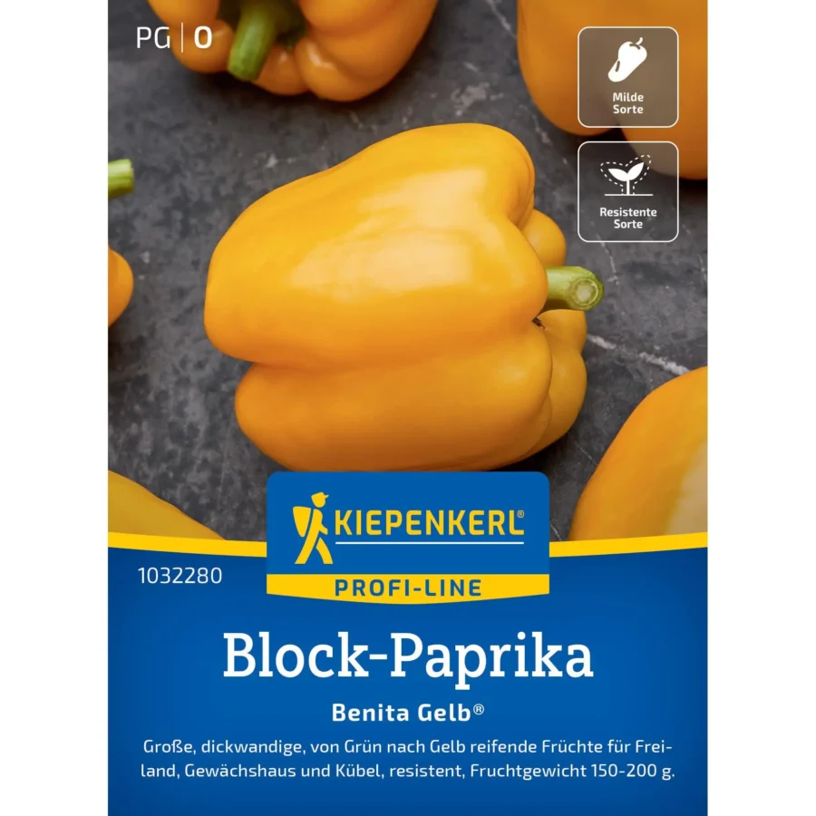 Kiepenkerl Block-Paprika Benita Gelb® F1, ertragreiche, schmackhafte Paprika im leuchtenden Gelb, ideal für Garten und Balkon.