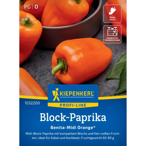 Kiepenkerl Block-Paprika Benita Midi Orange® F1, aromatische, resistente Sorte für reichhaltige Erträge, ideal für Balkon und Garten.