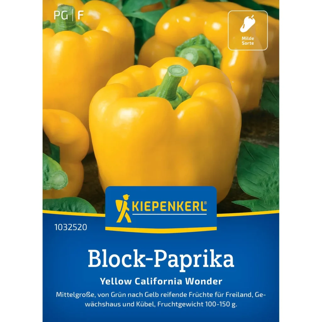 Kiepenkerl Block-Paprika Yellow California Wonder, leuchtend gelbe, aromatische Paprika, ideal für frische Salate und gefüllte Gerichte, 100% Saatgut garantiert.