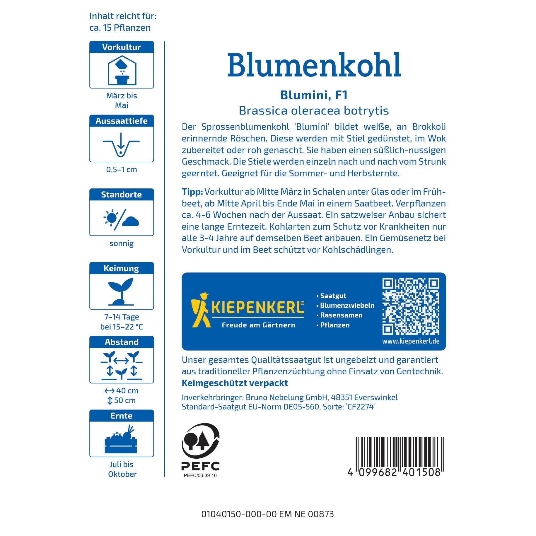 Blumenkohlsamen Blumini 2 Kiepenkerl Blumenkohl Blumini F1, widerstandsfähige Sorte, ideal für kleine Gärten, wächst kompakt und aromatisch.