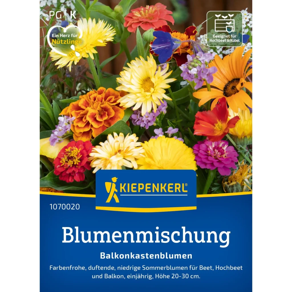 Kiepenkerl Blumenmischung für Balkonkastenblumen, bunt blühend, ideal für kleine Flächen und Balkonpflanzungen, pflegeleicht und robust.