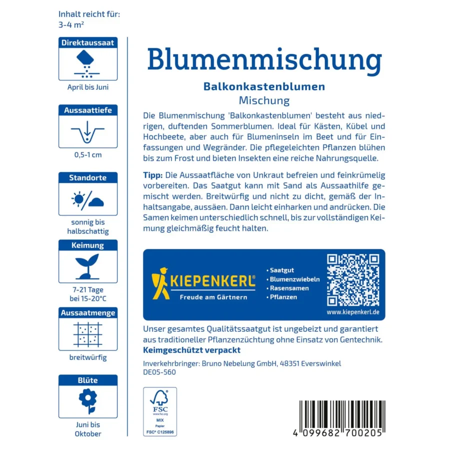 Kiepenkerl Blumenmischung für Balkonkasten, farbenfroh und pflegeleicht, ideal für blühende Akzente auf jedem Balkon.