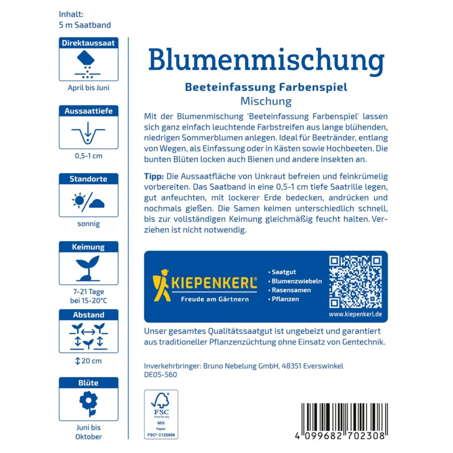 Kiepenkerl Blumenmischung Beeteinfassung, Farbenspiel, Saatband für farbenfrohe Gärten, pflegeleicht und bienenfreundlich.