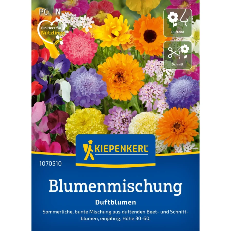 Kiepenkerl Blumenmischung für duftende Gartenfreuden, ideal für bunte Beete, enthält verschiedene, bienenfreundliche Blütenarten.