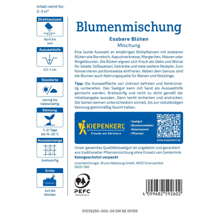 Kiepenkerl Blumenmischung Essbare Blüten, ideal für kreative Gerichte, farbenfrohe Auswahl, 100% biologisch und für Garten und Balkon geeignet.