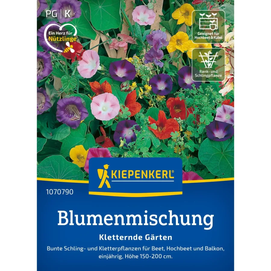Kiepenkerl Blumenmischung für kletternde Gärten, bunt blühend, ideal für vertikale Begrünung und attraktive Gartengestaltung.