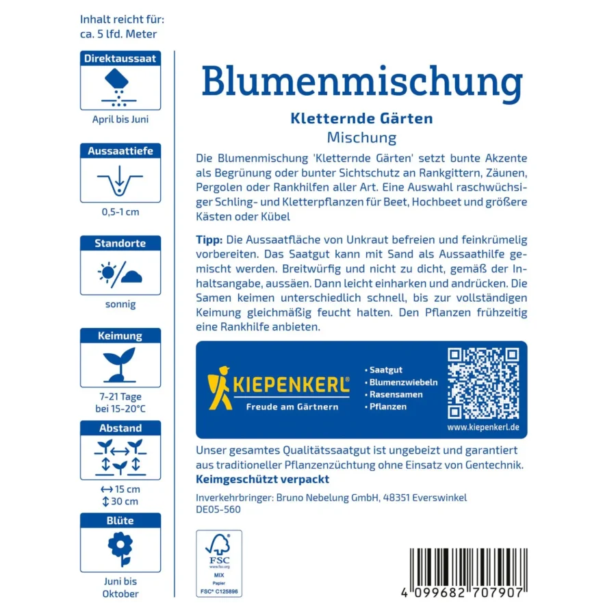 Kiepenkerl Blumenmischung für kletternde Gärten, farbenfrohe Blumenvielfalt, ideal zur Verschönerung von Zäunen und Pergolen.