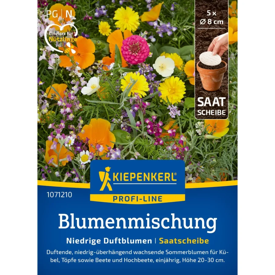Kiepenkerl Blumenmischung Niedrige Duftblumen Saatscheibe, ideal für farbenfrohe Felder und Beete, erzeugt einen betörenden Duft und fördert die Biodiversität.