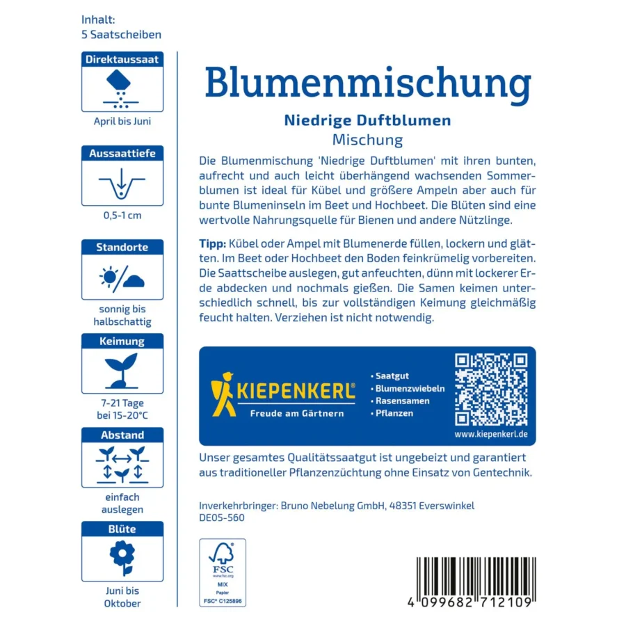 Kiepenkerl Blumenmischung niedrige Duftblumen, duftende Blüten für nährstoffreiche Beete, ideal für kleine Gärten.