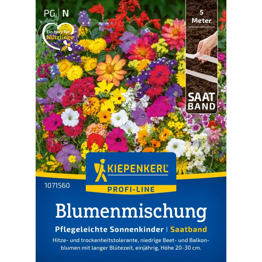 Kiepenkerl Blumenmischung für Pflegeleichte Sonnenkinder, Saatband mit bunten, leichten Blüten, ideal für einen farbenfrohen Garten.