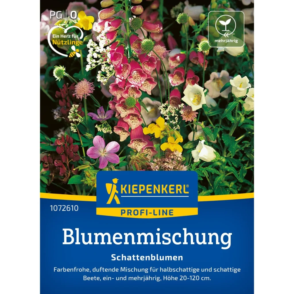 Kiepenkerl Blumenmischung für Schatten, bunte Blütenpracht, pflegeleicht, ideal für schattige Gärten und Balkone.