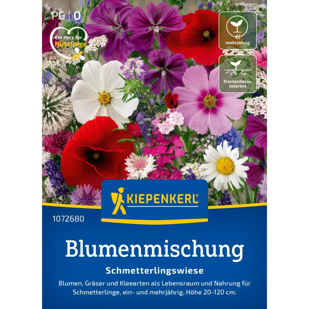 Kiepenkerl Blumenmischung für Schmetterlingswiesen, wild blühend, ideal zur Förderung der Artenvielfalt im Garten.