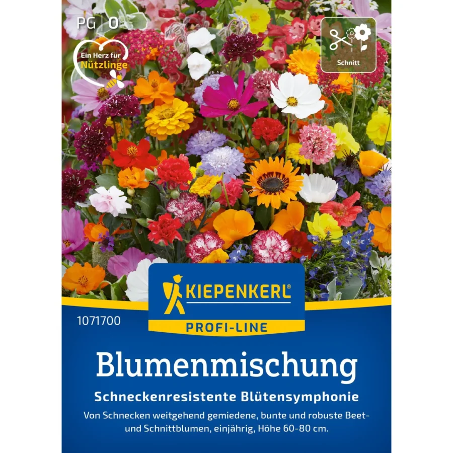 Kiepenkerl Blumenmischung, Schneckenresistente Blütensymphonie, ideal für pflegeleichte Gärten, bietet farbenfrohe Blütenpracht über die gesamte Saison.