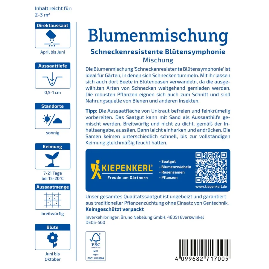 Kiepenkerl Blumenmischung, schneckenresistente Blütensymphonie, perfekt für vielseitige Gärten, langlebige Farben, 1 Paket (500 g).