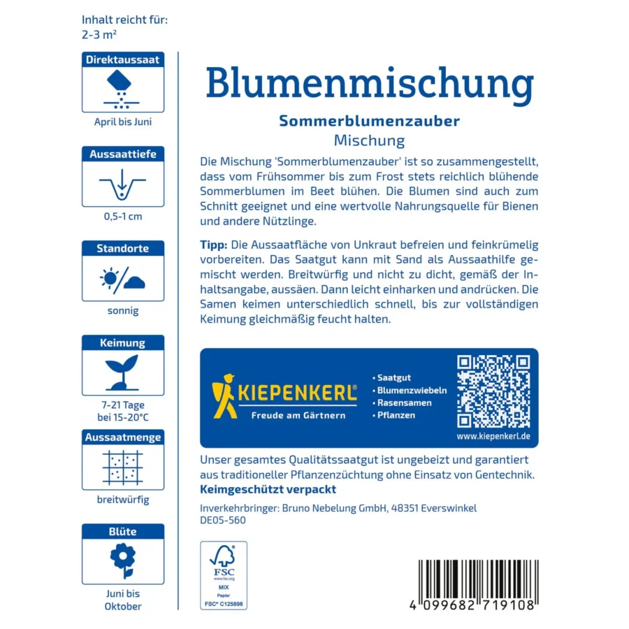 Kiepenkerl Blumenmischung Sommerblumenzauber, farbenfrohe Blumensaat für blühende Gärten, 20 g, ideal zur Gestaltung sommerlicher Beete.