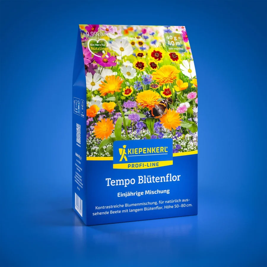 Kiepenkerl Blumenmischung Tempo für bunten Blütenflor, ideal für Gartenbeete und Balkon, blühend in verschiedenen Farben.