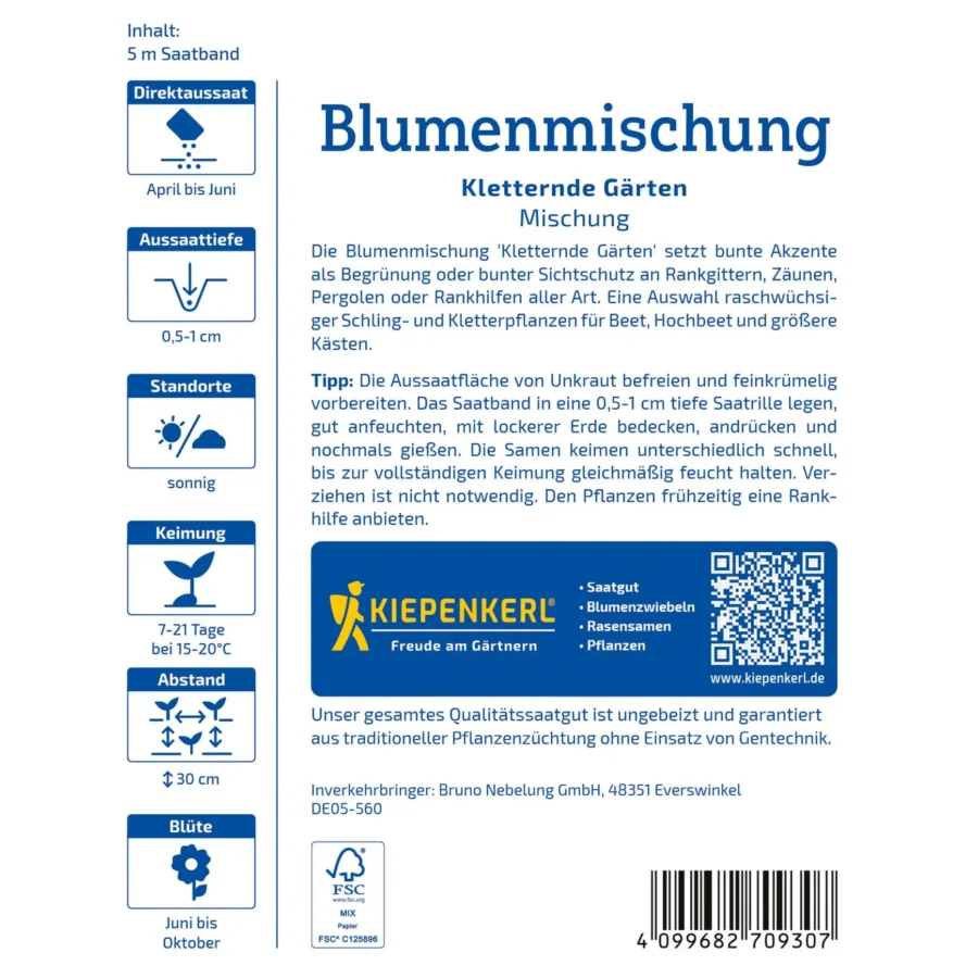 Kiepenkerl Blumensamen-Mischung für kletternde Gärten, ideal für Balkone und Hortensien, fördert blühende Pflanzenvielfalt.