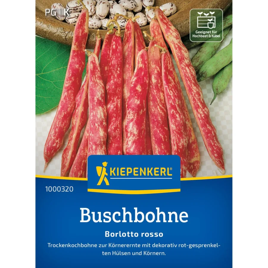 Kiepenkerl Buschbohnensamen Borlotto Rosso, schmackhafte rote Bohnen für den Garten, ideal für reiche Ernten und gesundes Gemüse.