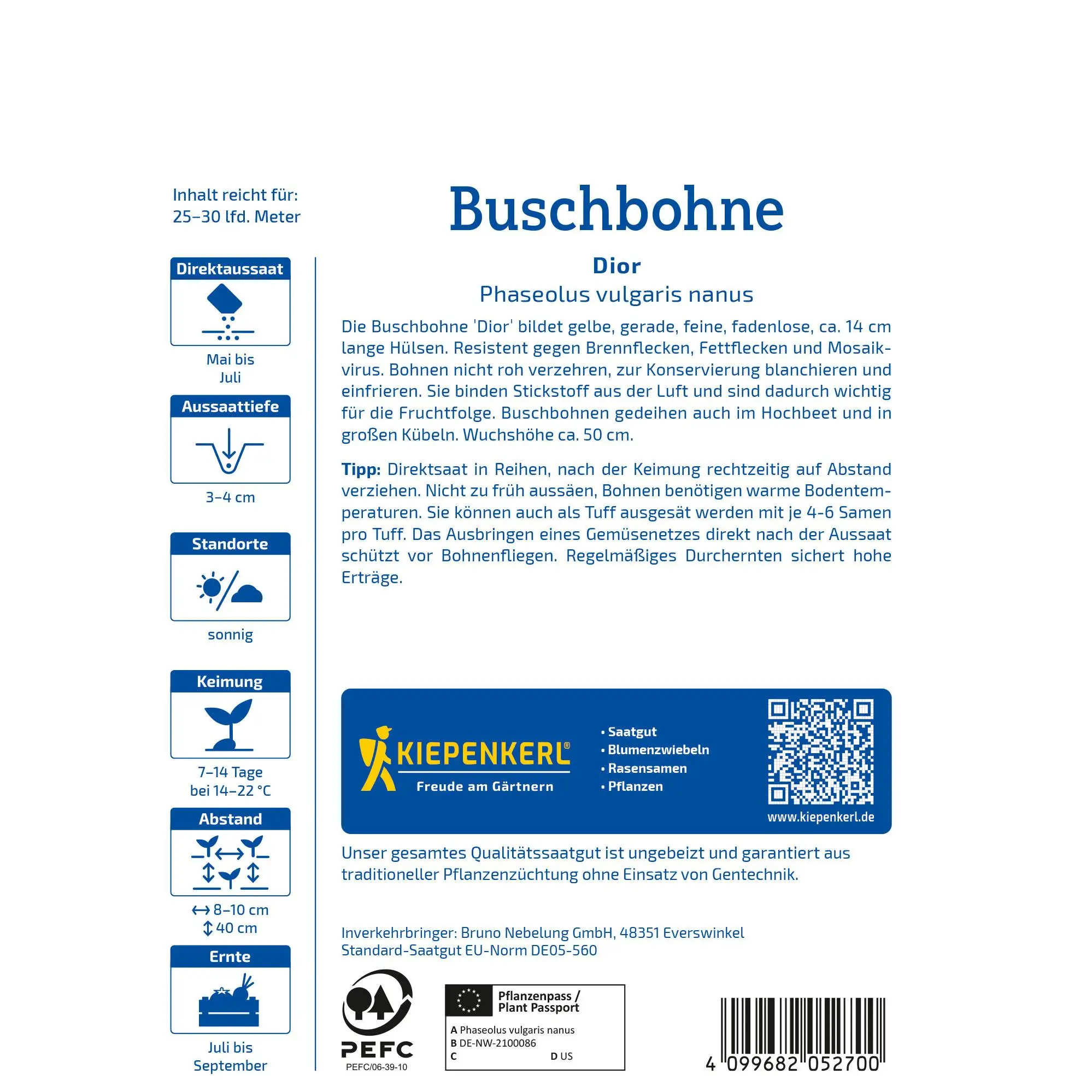 Buschbohnensamen Dior 2 Kiepenkerl Buschbohnensamen Dior, ertragreiche Sorte für üppige Ernten, ideal für den Garten oder Hochbeet, 100 g.