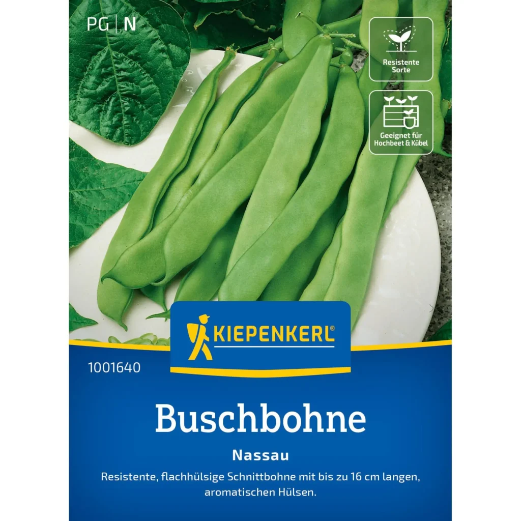 Kiepenkerl Buschbohnensamen Nassau, eiweißreiche Ernte, ideal für kleine Gärten und Hochbeete, 50 g Packung.