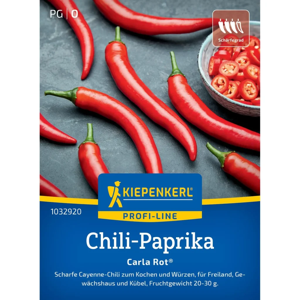 Kiepenkerl Chili Paprika Carla Rot® F1, ertragreiche, scharfe Paprikasorte, ideal für Gewächshäuser und Balkone.