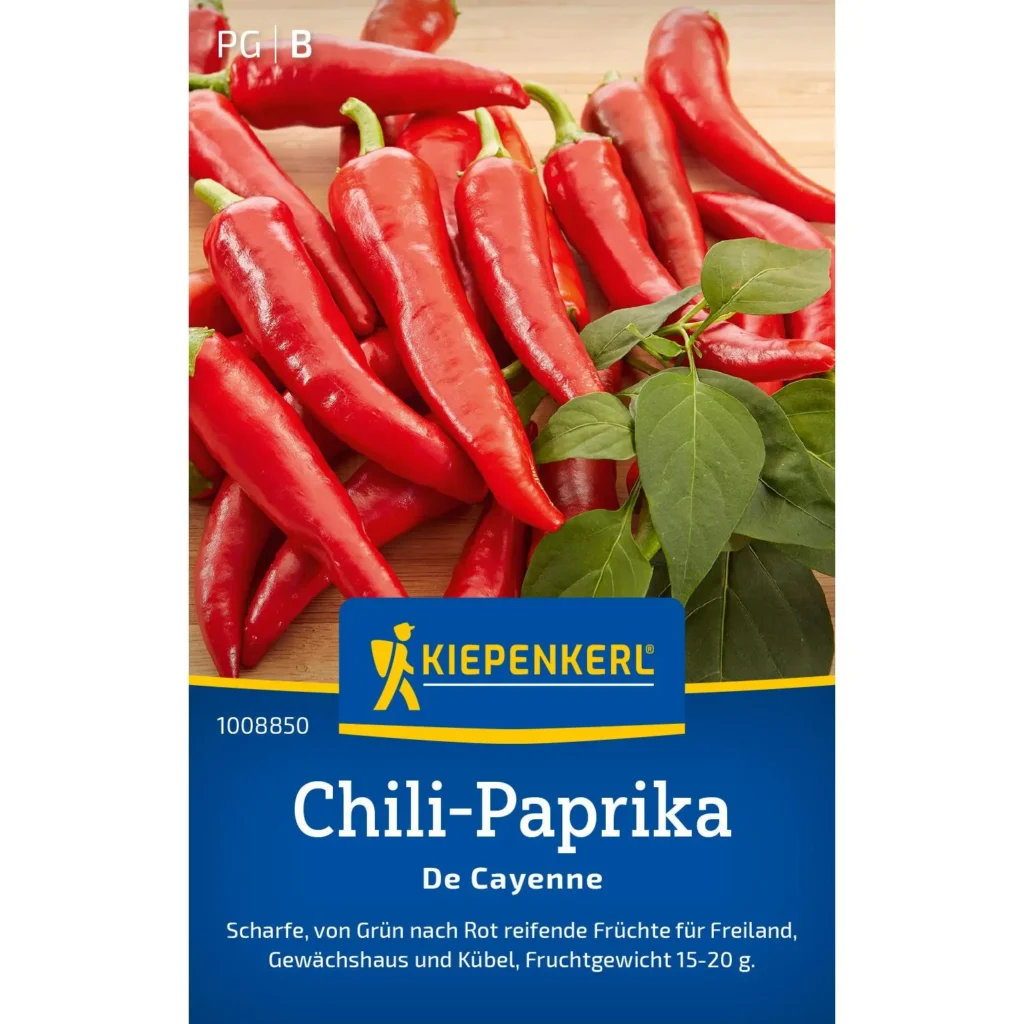 Kiepenkerl Chili-Paprika De Cayenne, aromatische, scharfe Sorte, ideal für Gewürze und Salsa, 20 Samen für den Garten.